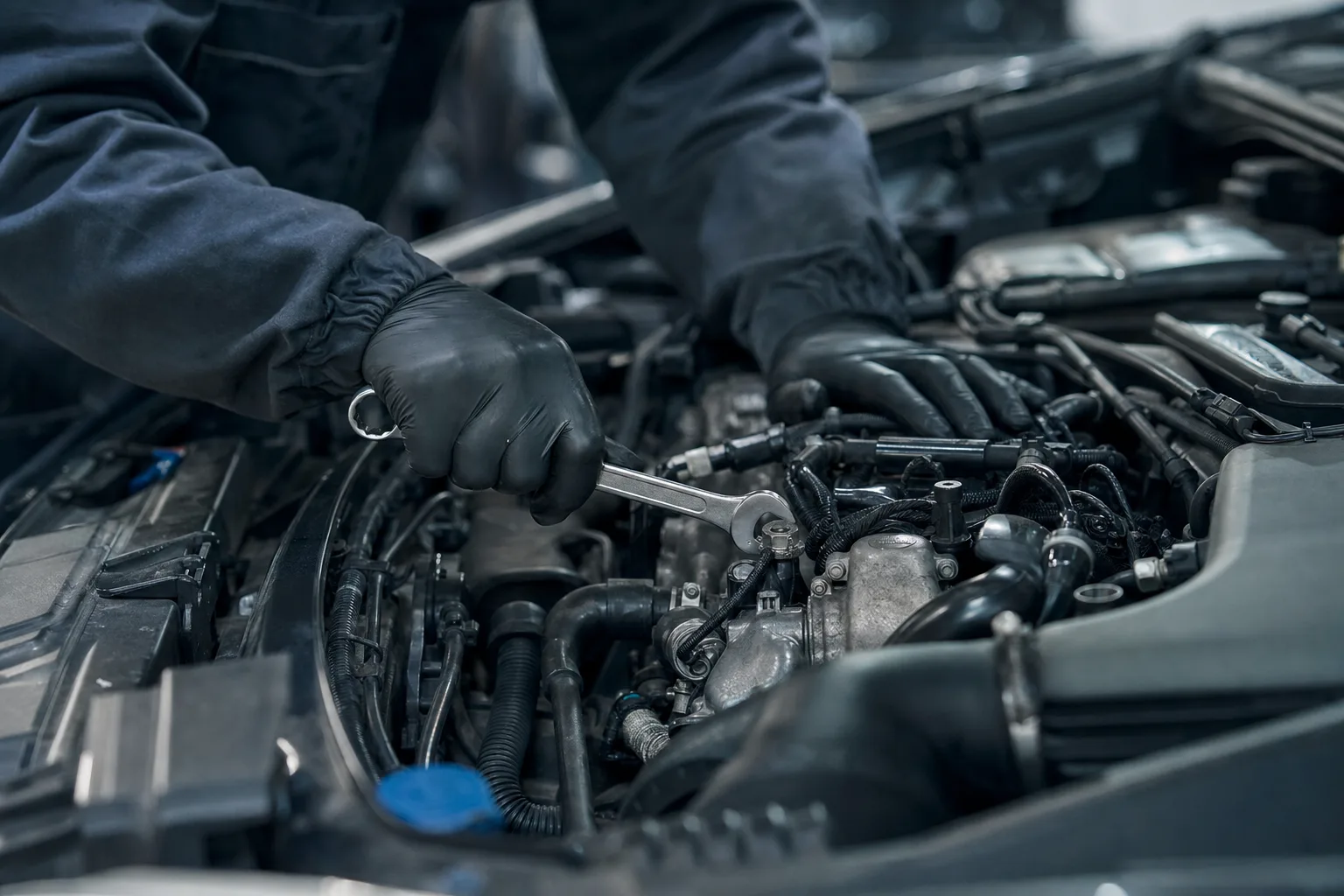 Szerelő dolgozik egy autó motorterében